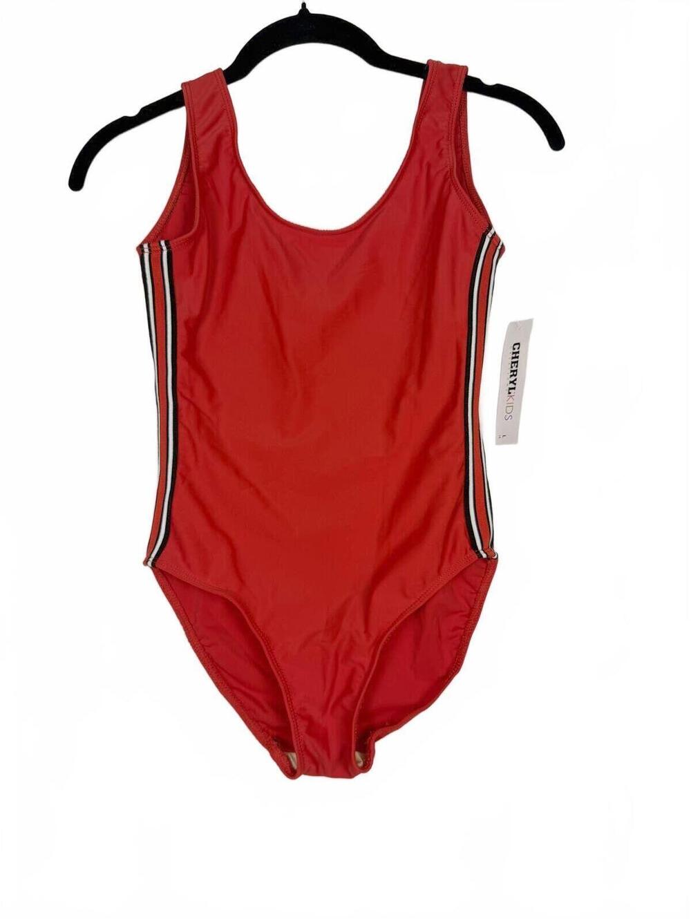 NEW Cheryl Kids Red One Piece Swimsuit White Black Side Stripe‎ Girls Sz Large